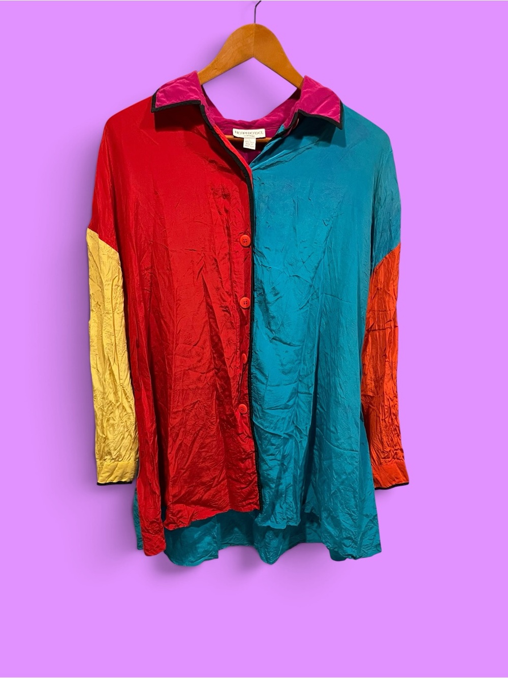 Cute vintage 90s Henri Bendel luxury silk colorblock oversized blouse nightgown
